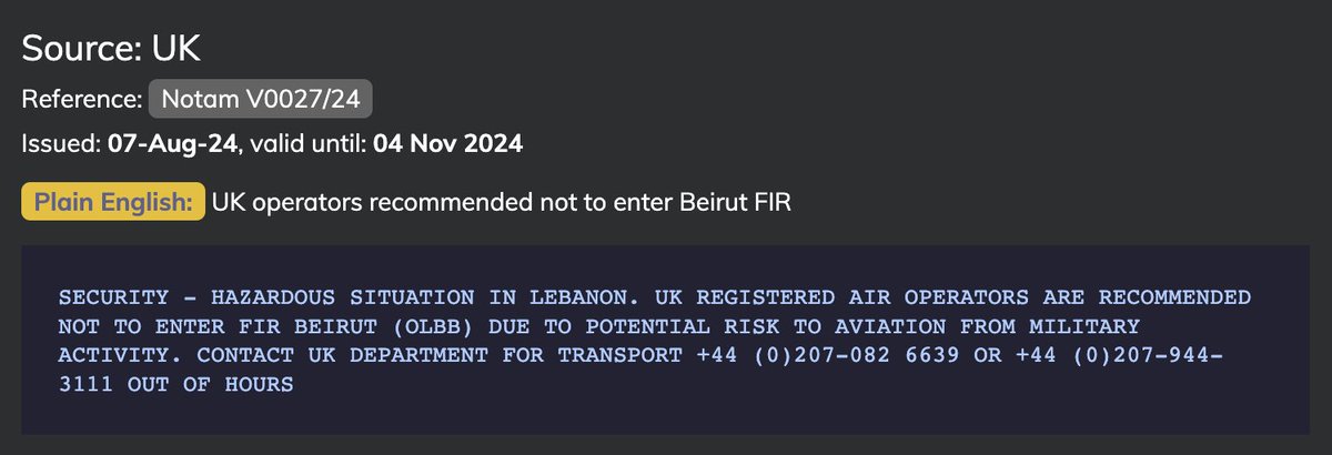 El Reino Unido emite un nuevo NOTAM recomendando a los operadores del Reino Unido que no ingresen a la FIR de Beirut debido al riesgo potencial para la aviación debido a la actividad militar. El NOTAM está vigente desde hoy hasta el 4 de noviembre.