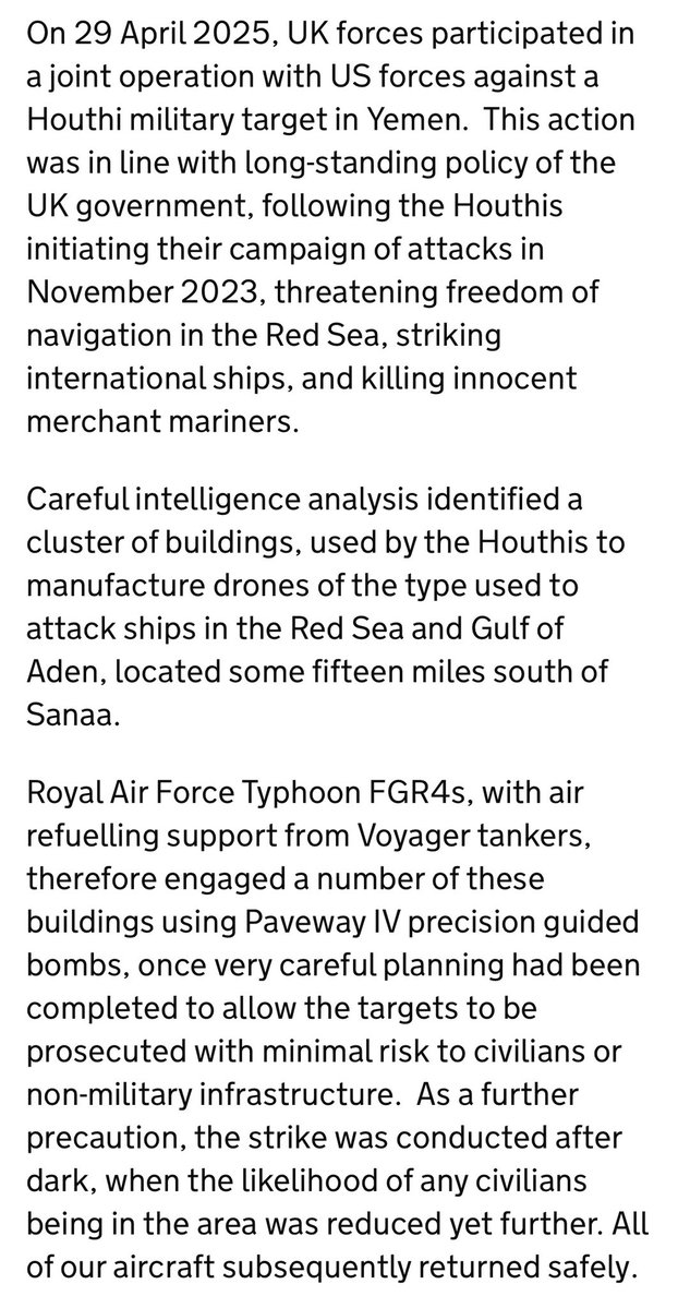 The UK says it was involved in a joint military operation with the US against the Houthis in Yemen today. RAF Typhoon fighter aircraft used precision-guided bombs to strike a cluster of buildings used by the rebels to make drones
