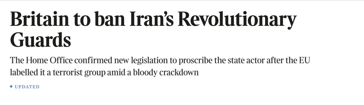 بريطانيا تعتزم حظر الحرس الثوري الإيراني، حيث من المقرر أن تقدم وزارة الداخلية تشريعاً جديداً بهذا الشأن، وفقاً لصحيفة التايمز.