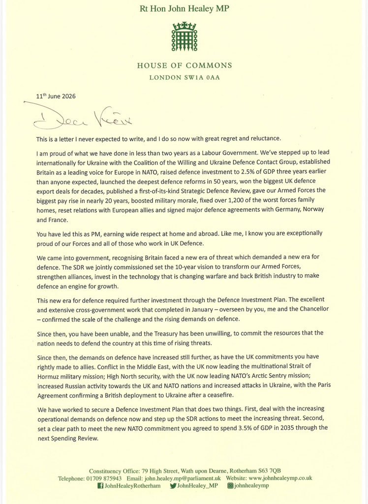UK Defence Secretary John Healey has resigned, saying PM Keir Starmer and the Treasury failed to commit the resources needed for defence amid rising threats. In a resignation letter, Healey said the proposed Defence Investment Plan “falls well short,” warning it could reduce UK forces’ readiness and make the country “less safe.”