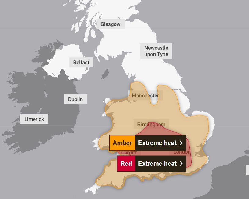 Temperatures are now set to reach up to 40C in the UK on Wednesday and Thursday A rare red weather warning has just been issued