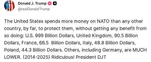 Trump attacks NATO members for gaps in their defense spending compared to the US. United States: $999 billion United Kingdom: $90.5 billion France: $66.5 billion Italy: $48.8 billion Poland: $44.3 billion