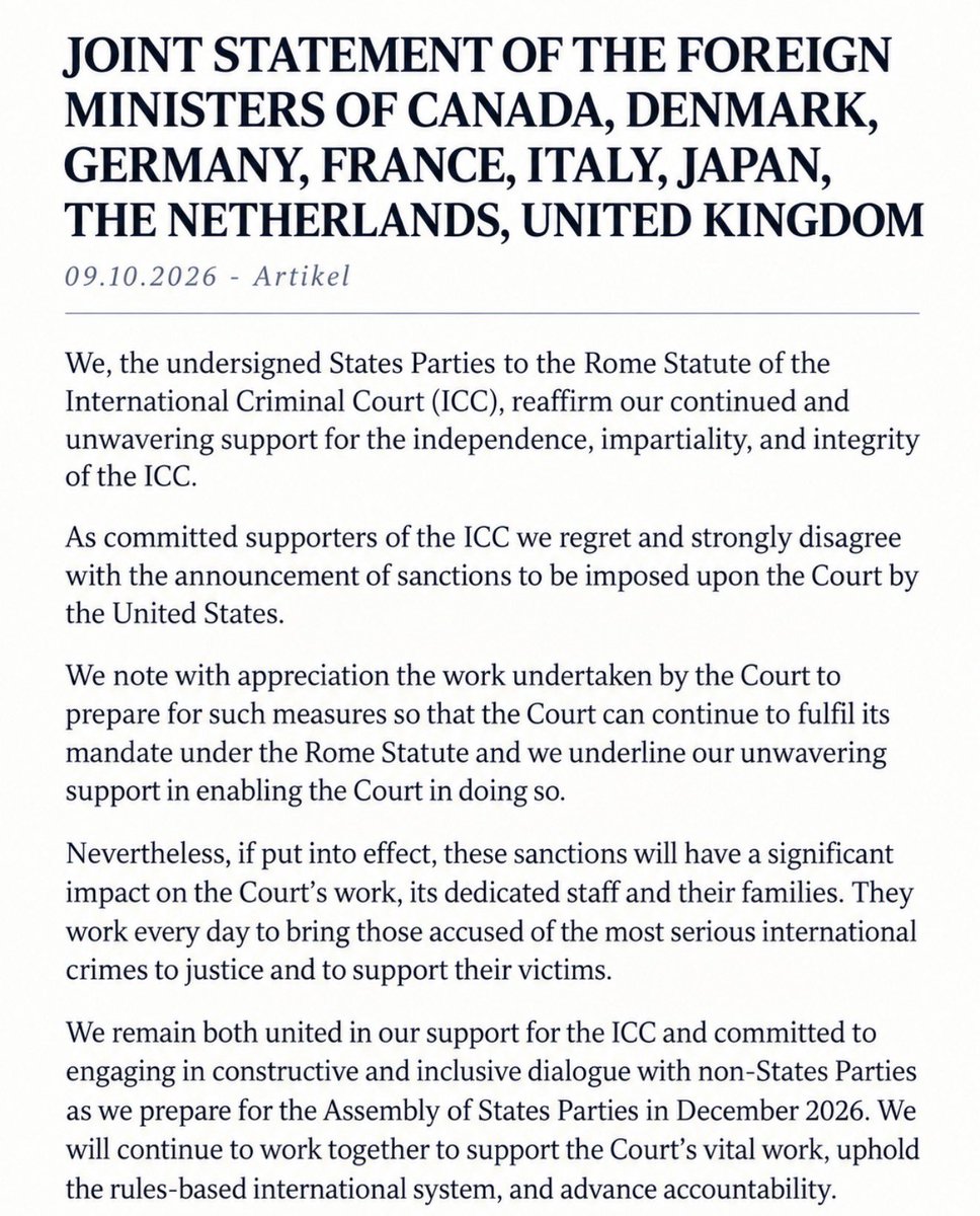 Eight major U.S. allies—including Canada, the UK, France, Germany, Italy, and Japan—have issued a joint rebuke of the Trump regime's sweeping sanctions on the International Criminal Court. They vow unwavering support for the ICC's independence